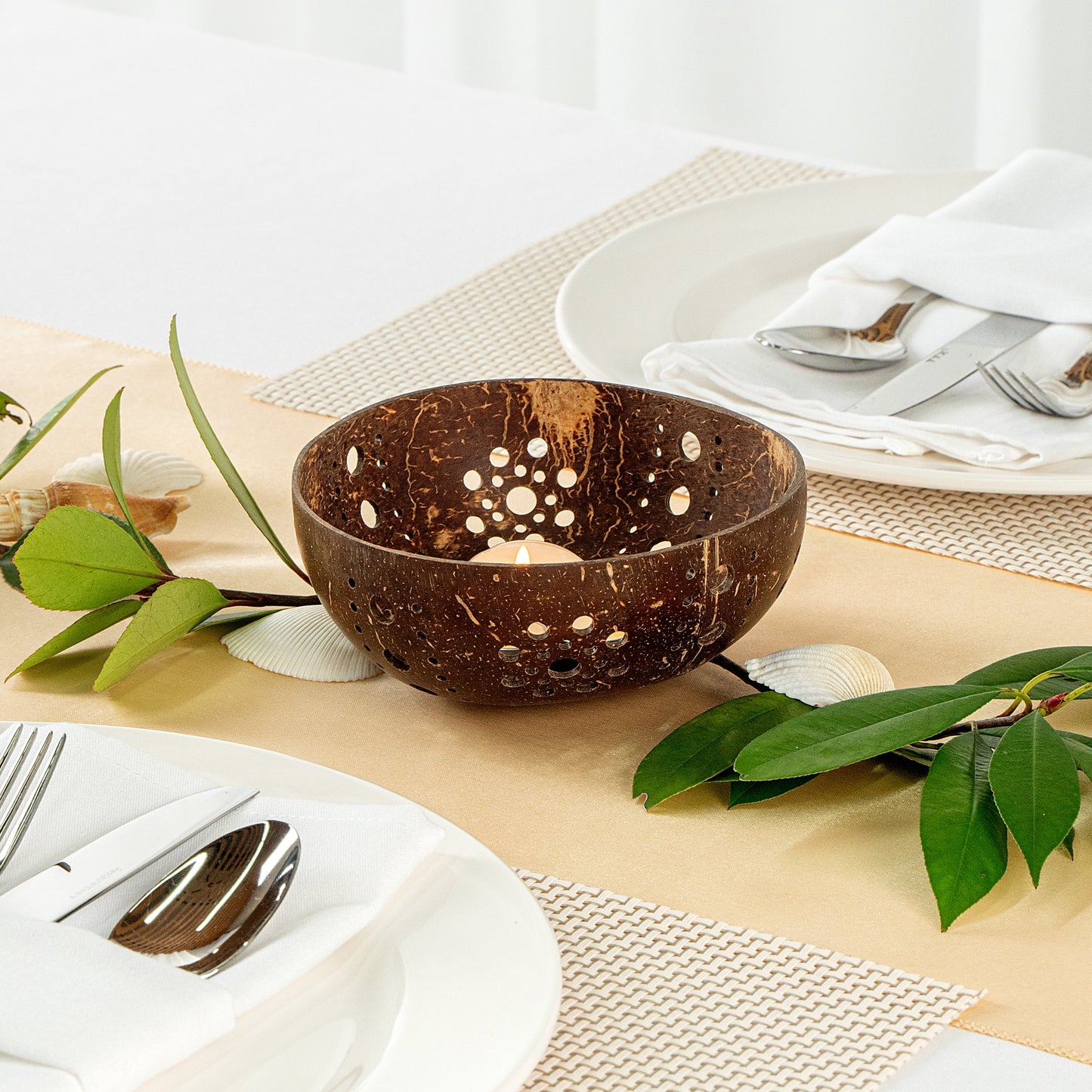 Coco Casa Brown Handmade Coconut Shell Candle Holder - Sun Pattern - 5" x 5" x 2" - 10 count box