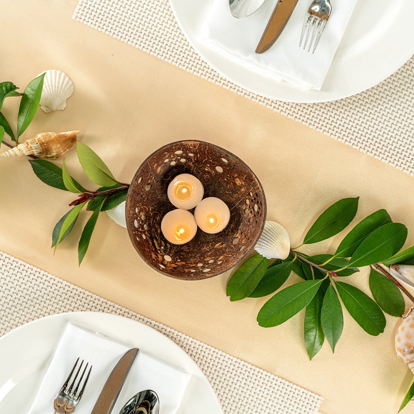 Coco Casa Brown Handmade Coconut Shell Candle Holder - Sun Pattern - 5" x 5" x 2" - 10 count box