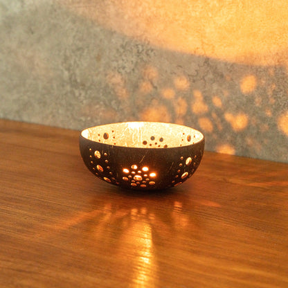 Coco Casa Brown Handmade Coconut Shell Candle Holder - Sun Pattern - 5" x 5" x 2" - 10 count box