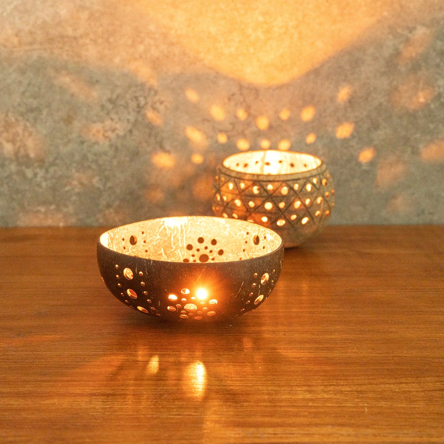 Coco Casa Brown Handmade Coconut Shell Candle Holder - Sun Pattern - 5" x 5" x 2" - 10 count box