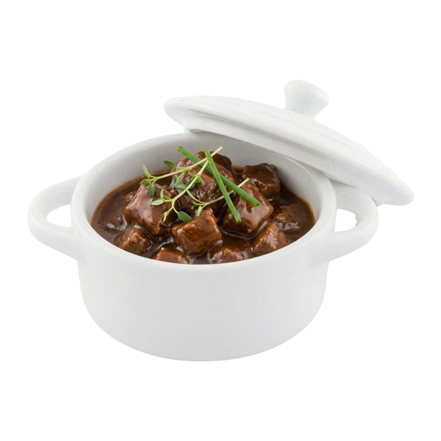Chef 101 3 oz Round White Porcelain Mini Cocotte - 4 1/4" x 3" x 2 1/2" - 10 count box