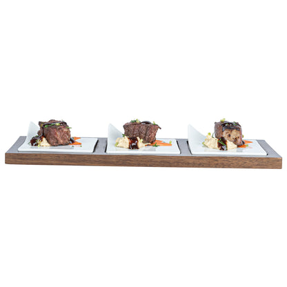 Chef 101 Rectangle White Porcelain Modern Flat Plate Set - 3 Plates, Bamboo Tray - 14 1/4" x 5" x 1 1/2" - 1 count box