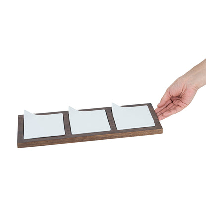 Chef 101 Rectangle White Porcelain Modern Flat Plate Set - 3 Plates, Bamboo Tray - 14 1/4" x 5" x 1 1/2" - 1 count box