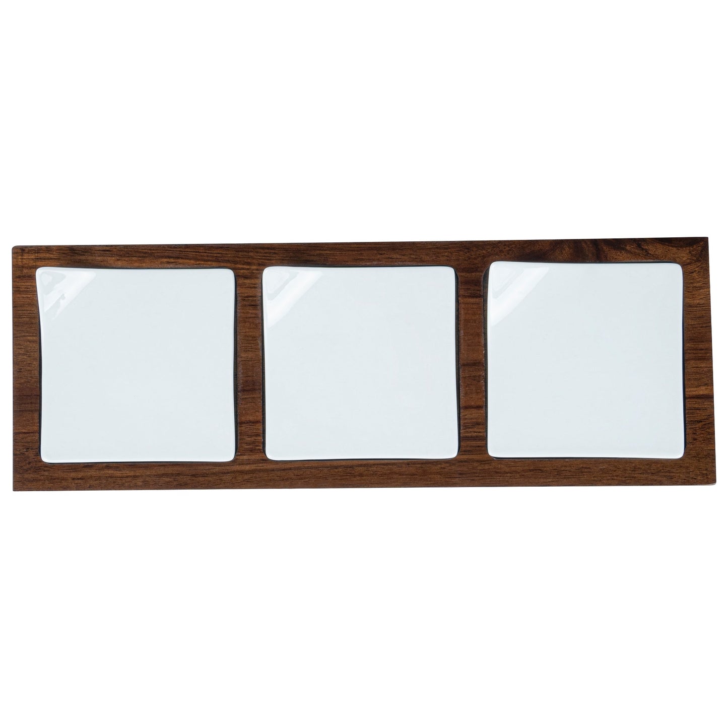 Chef 101 Rectangle White Porcelain Modern Flat Plate Set - 3 Plates, Bamboo Tray - 14 1/4" x 5" x 1 1/2" - 1 count box