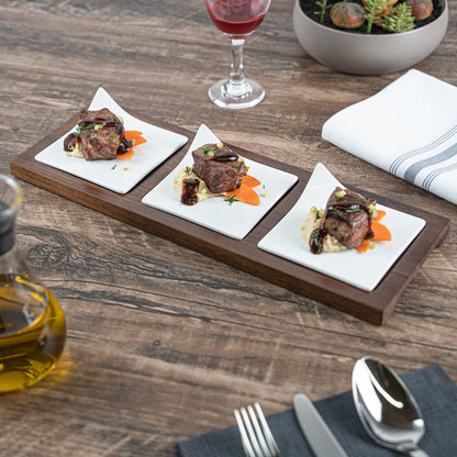 Chef 101 Rectangle White Porcelain Modern Flat Plate Set - 3 Plates, Bamboo Tray - 14 1/4" x 5" x 1 1/2" - 1 count box