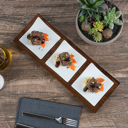 Chef 101 Rectangle White Porcelain Modern Flat Plate Set - 3 Plates, Bamboo Tray - 14 1/4" x 5" x 1 1/2" - 1 count box