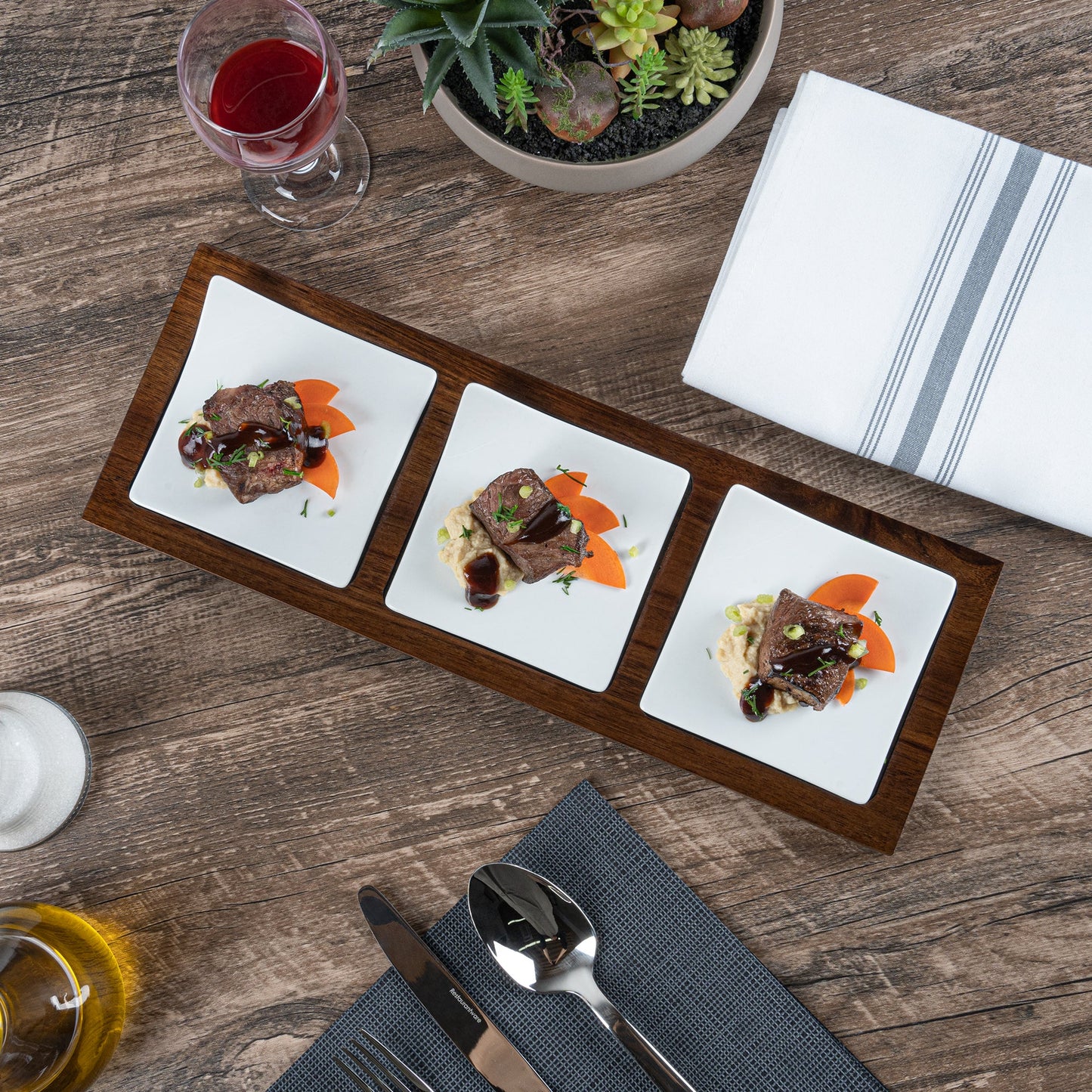 Chef 101 Rectangle White Porcelain Modern Flat Plate Set - 3 Plates, Bamboo Tray - 14 1/4" x 5" x 1 1/2" - 1 count box