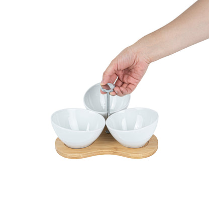 Chef 101 15 oz Rectangle White Porcelain Incline Bowl Set - 3 Bowls, Bamboo Tray - 8 3/4" x 8" x 5" - 1 count box
