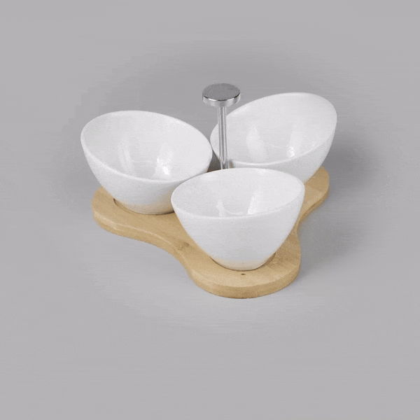 Chef 101 15 oz Rectangle White Porcelain Incline Bowl Set - 3 Bowls, Bamboo Tray - 8 3/4" x 8" x 5" - 1 count box