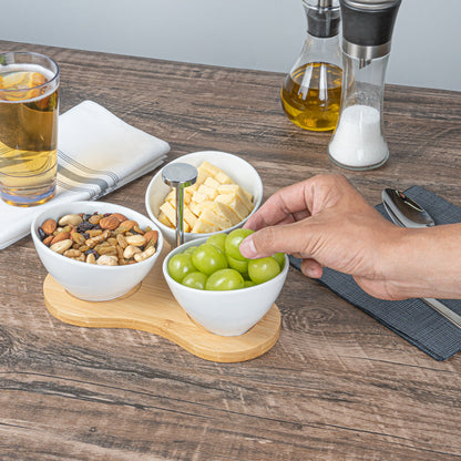 Chef 101 15 oz Rectangle White Porcelain Incline Bowl Set - 3 Bowls, Bamboo Tray - 8 3/4" x 8" x 5" - 1 count box