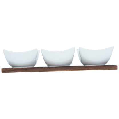 Chef 101 15 oz Rectangle White Porcelain Cocktail Bowl Set - 3 Bowls, Bamboo Tray - 12" x 4" x 2 1/2" - 1 count box