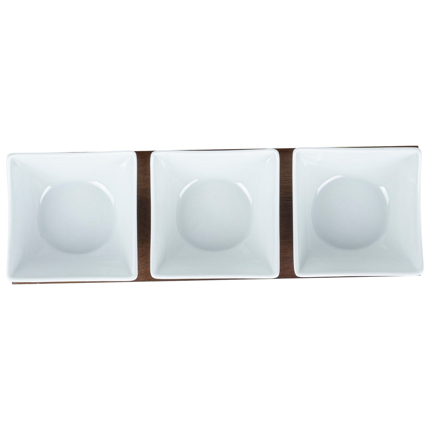 Chef 101 15 oz Rectangle White Porcelain Cocktail Bowl Set - 3 Bowls, Bamboo Tray - 12" x 4" x 2 1/2" - 1 count box