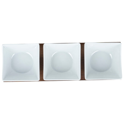 Chef 101 15 oz Rectangle White Porcelain Cocktail Bowl Set - 3 Bowls, Bamboo Tray - 12" x 4" x 2 1/2" - 1 count box