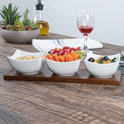 Chef 101 15 oz Rectangle White Porcelain Cocktail Bowl Set - 3 Bowls, Bamboo Tray - 12" x 4" x 2 1/2" - 1 count box