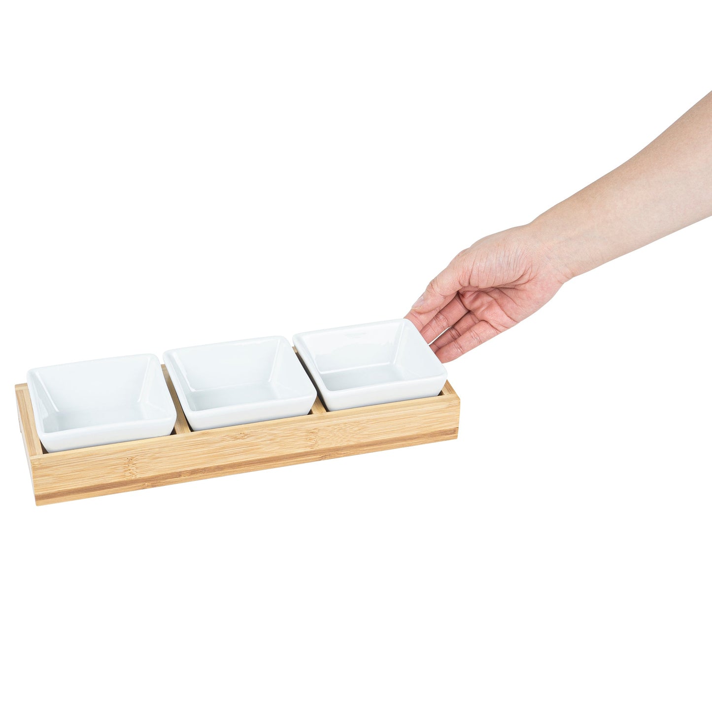 Chef 101 6 oz Rectangle White Porcelain Modern Bowl Set - 3 Bowls, Bamboo Tray - 11 3/4" x 4 1/4" x 2" - 1 count box