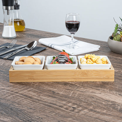 Chef 101 6 oz Rectangle White Porcelain Modern Bowl Set - 3 Bowls, Bamboo Tray - 11 3/4" x 4 1/4" x 2" - 1 count box