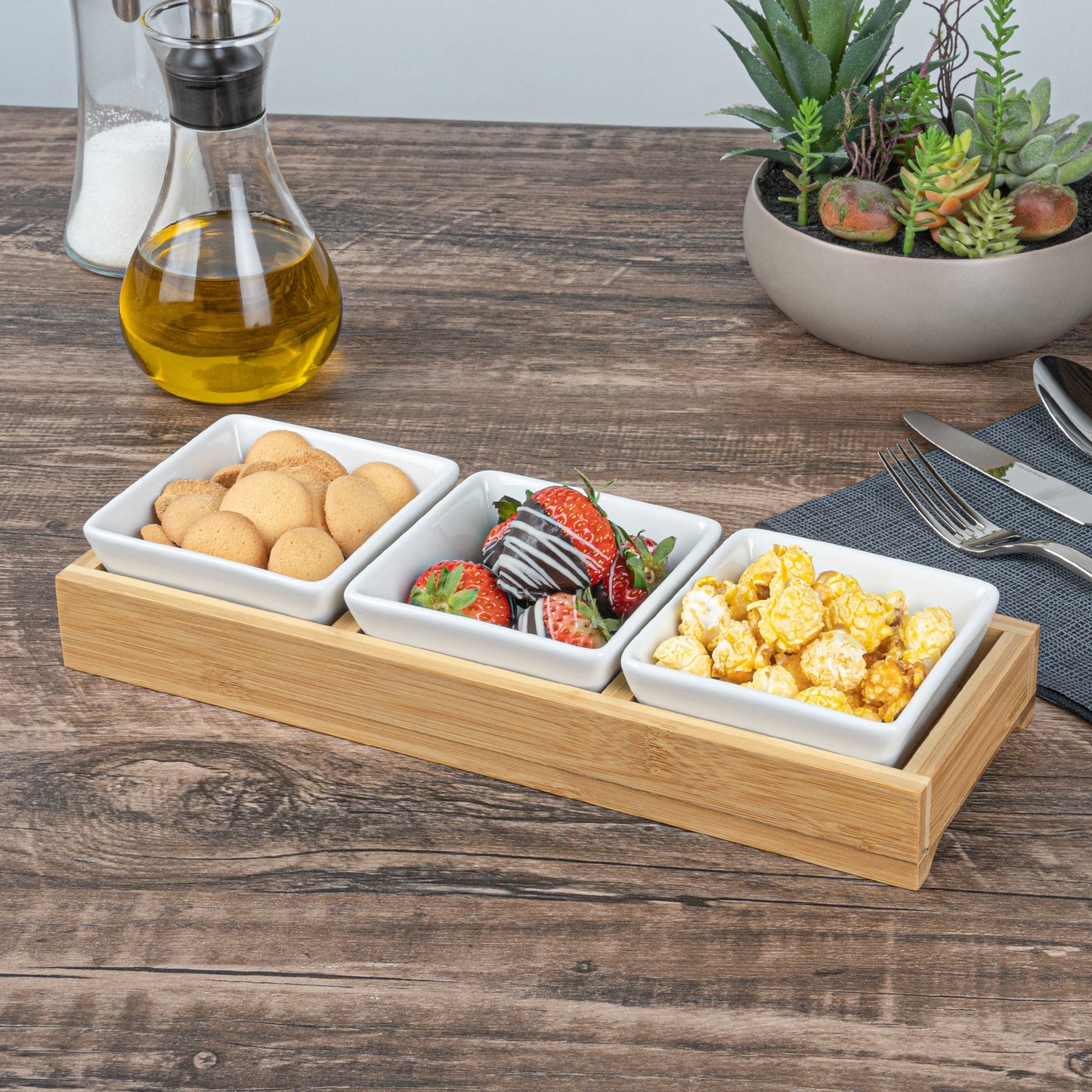 Chef 101 6 oz Rectangle White Porcelain Modern Bowl Set - 3 Bowls, Bamboo Tray - 11 3/4" x 4 1/4" x 2" - 1 count box