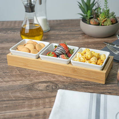 Chef 101 6 oz Rectangle White Porcelain Modern Bowl Set - 3 Bowls, Bamboo Tray - 11 3/4" x 4 1/4" x 2" - 1 count box