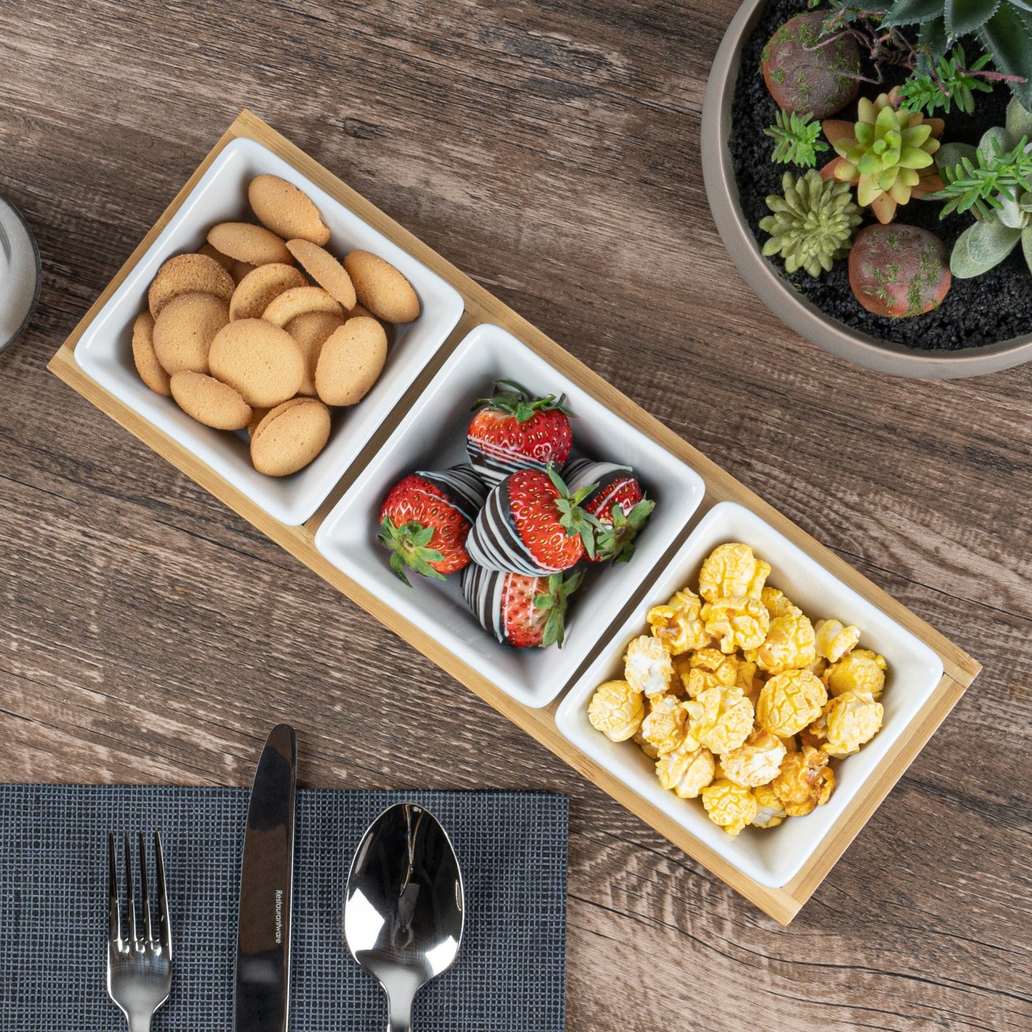 Chef 101 6 oz Rectangle White Porcelain Modern Bowl Set - 3 Bowls, Bamboo Tray - 11 3/4" x 4 1/4" x 2" - 1 count box