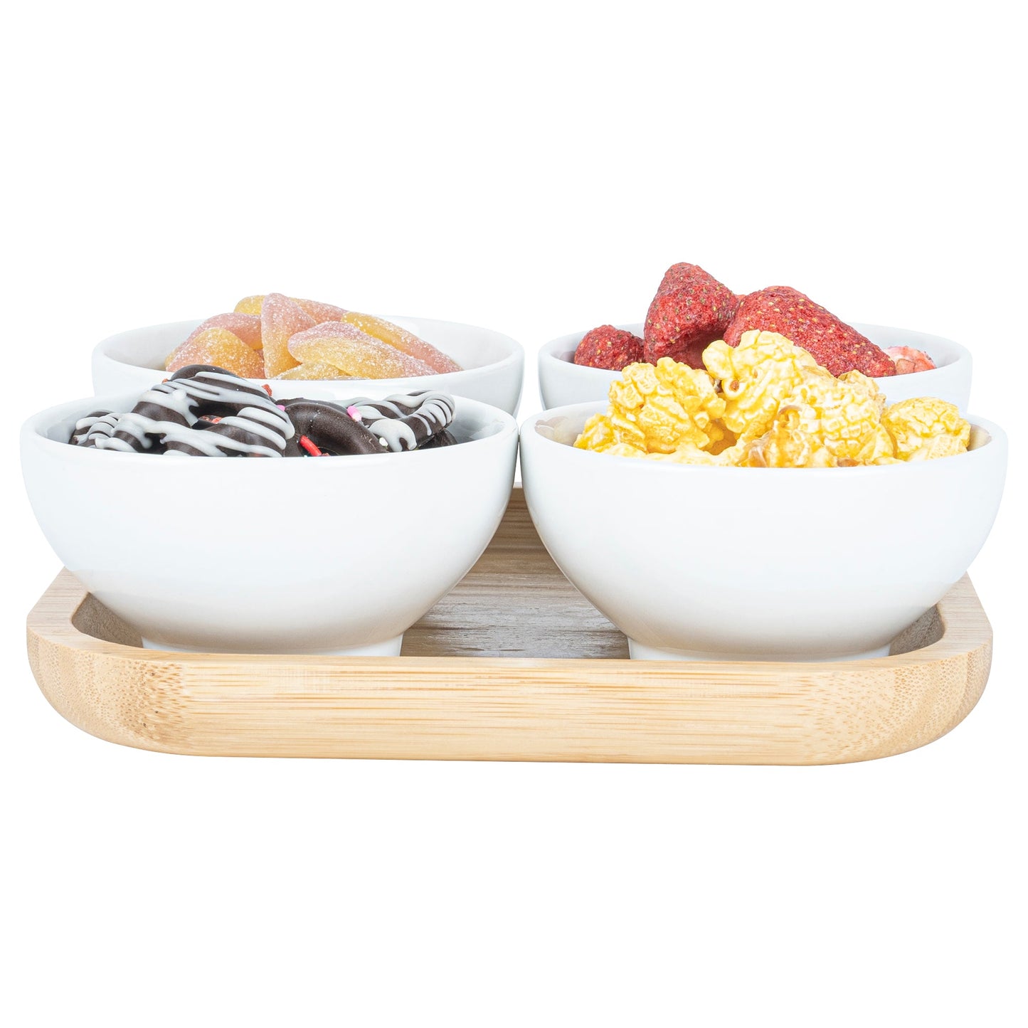 Chef 101 20 oz Rectangle White Porcelain Coppa Bowl Set - 4 Bowls, Bamboo Tray - 7" x 7" x 2 1/4" - 1 count box