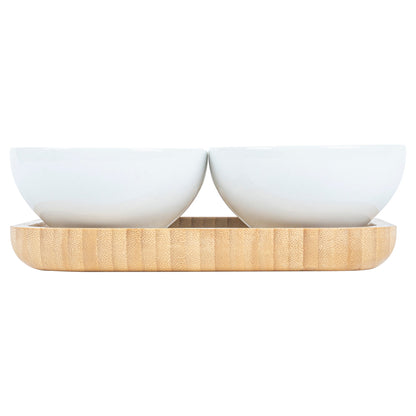 Chef 101 20 oz Rectangle White Porcelain Coppa Bowl Set - 4 Bowls, Bamboo Tray - 7" x 7" x 2 1/4" - 1 count box
