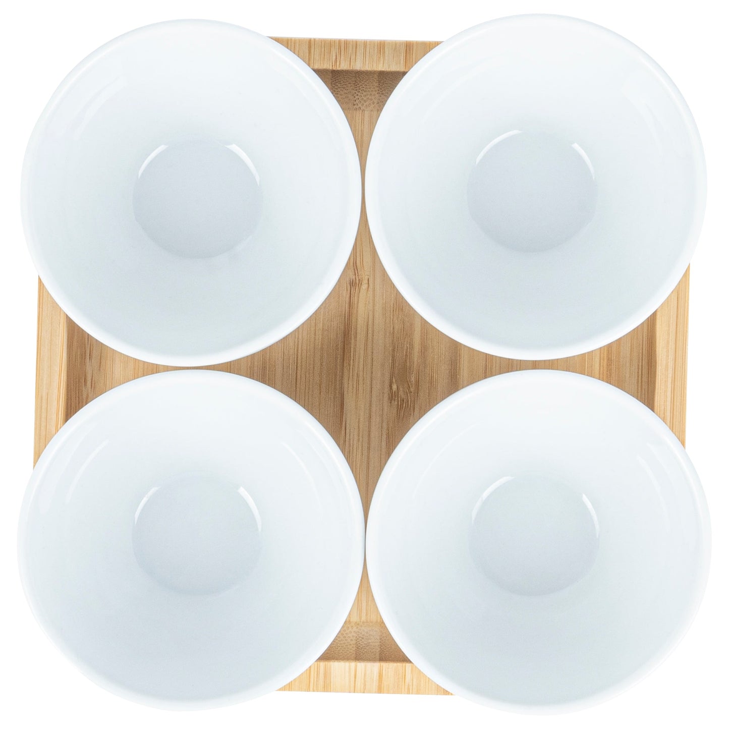 Chef 101 20 oz Rectangle White Porcelain Coppa Bowl Set - 4 Bowls, Bamboo Tray - 7" x 7" x 2 1/4" - 1 count box