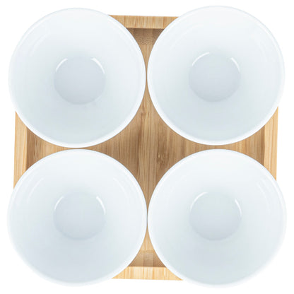 Chef 101 20 oz Rectangle White Porcelain Coppa Bowl Set - 4 Bowls, Bamboo Tray - 7" x 7" x 2 1/4" - 1 count box