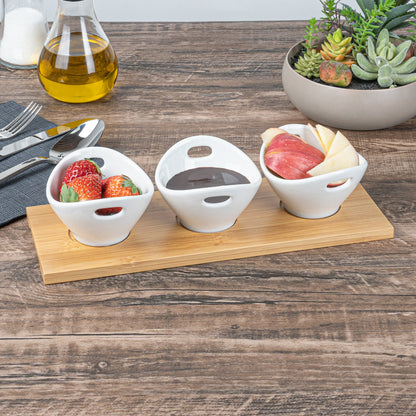 Chef 101 6 oz Rectangle White Porcelain Basket Bowl Set - 3 Bowls, Bamboo Tray - 11 3/4" x 4 1/4" x 2 1/2" - 1 count box