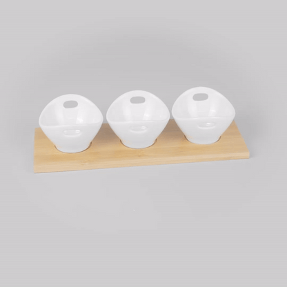 Chef 101 6 oz Rectangle White Porcelain Basket Bowl Set - 3 Bowls, Bamboo Tray - 11 3/4" x 4 1/4" x 2 1/2" - 1 count box
