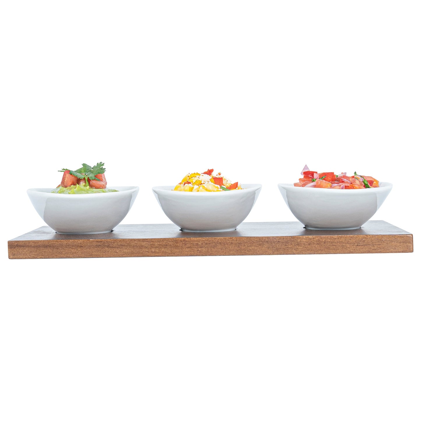 Chef 101 9 oz Rectangle White Porcelain Ellipse Bowl Set - 3 Bowls, Bamboo Tray - 10 1/4" x 5 1/2" x 1 1/2" - 1 count box