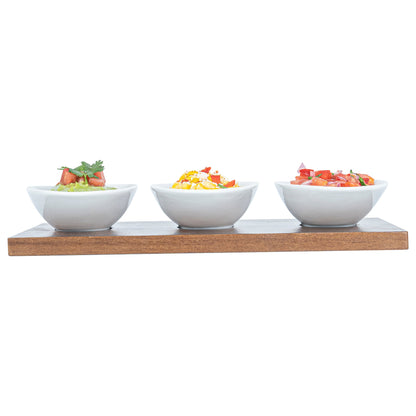 Chef 101 9 oz Rectangle White Porcelain Ellipse Bowl Set - 3 Bowls, Bamboo Tray - 10 1/4" x 5 1/2" x 1 1/2" - 1 count box
