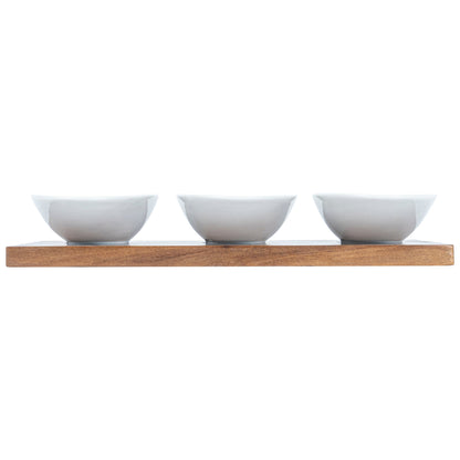 Chef 101 9 oz Rectangle White Porcelain Ellipse Bowl Set - 3 Bowls, Bamboo Tray - 10 1/4" x 5 1/2" x 1 1/2" - 1 count box