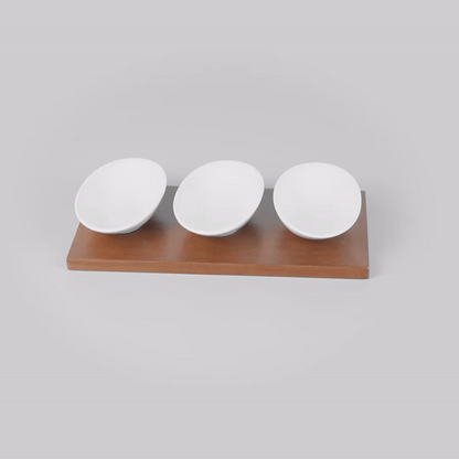 Chef 101 9 oz Rectangle White Porcelain Ellipse Bowl Set - 3 Bowls, Bamboo Tray - 10 1/4" x 5 1/2" x 1 1/2" - 1 count box