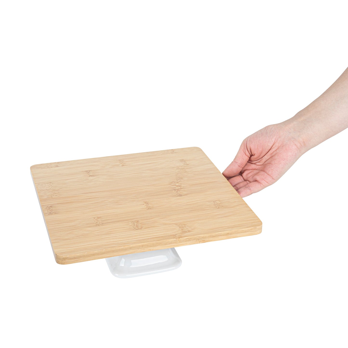 Chef 101 Hamptons Square Bamboo Serving Stand - with Porcelain Base - 9 3/4" x 9 3/4" x 4" - 1 count box
