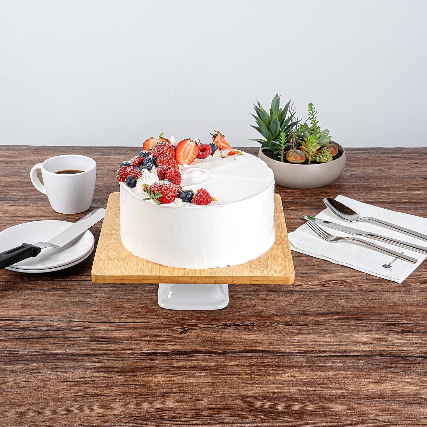 Chef 101 Hamptons Square Bamboo Serving Stand - with Porcelain Base - 9 3/4" x 9 3/4" x 4" - 1 count box