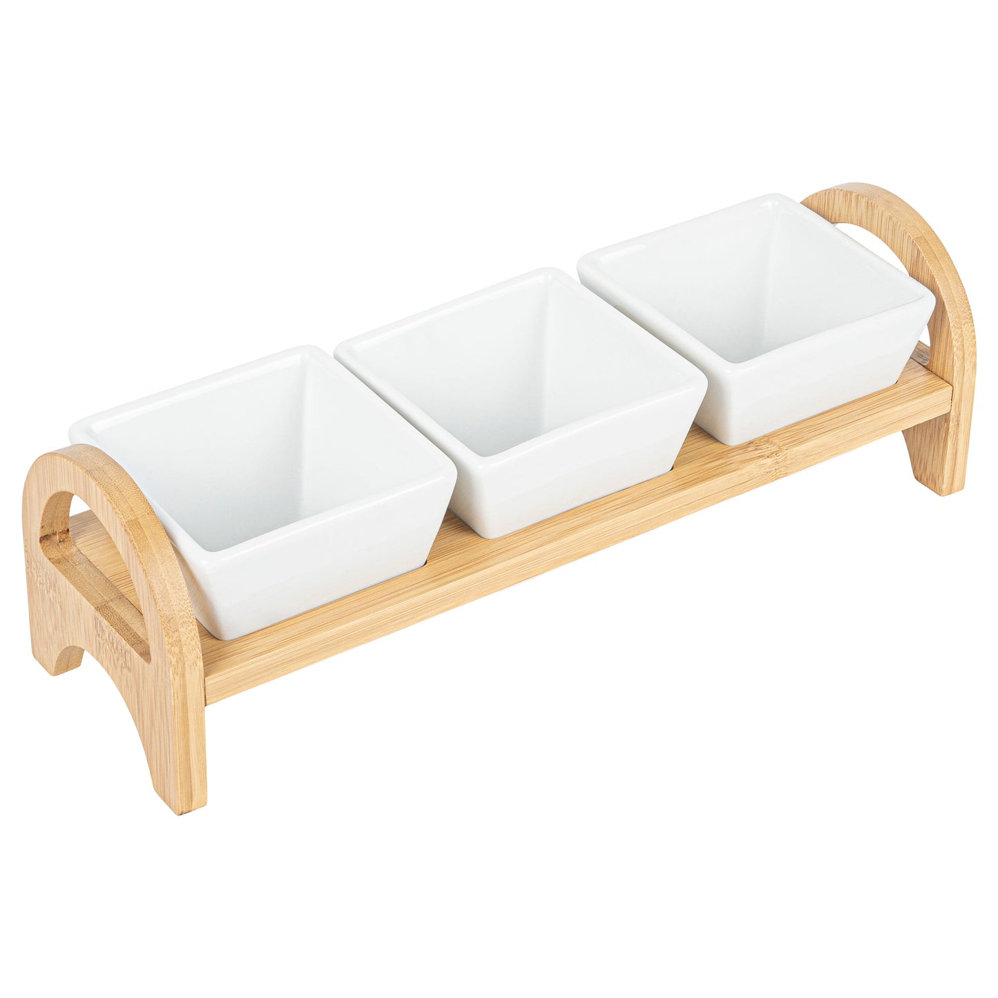 Chef 101 21 oz Rectangle White Porcelain Kova Bowl Set - 3 Bowls, Bamboo Tray - 12" x 3 3/4" x 3 1/2" - 1 count box
