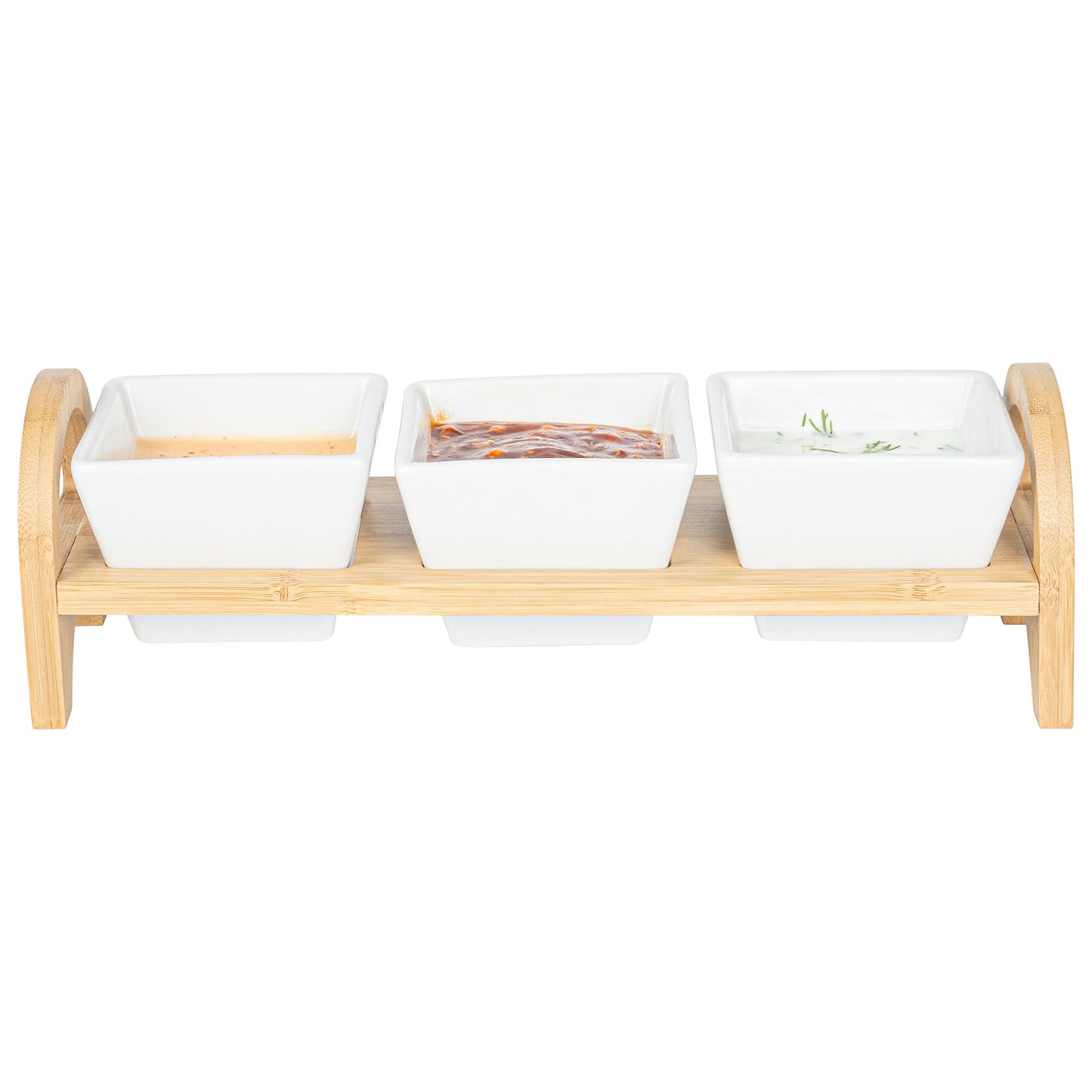 Chef 101 21 oz Rectangle White Porcelain Kova Bowl Set - 3 Bowls, Bamboo Tray - 12" x 3 3/4" x 3 1/2" - 1 count box