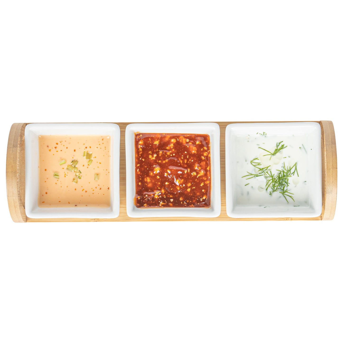 Chef 101 21 oz Rectangle White Porcelain Kova Bowl Set - 3 Bowls, Bamboo Tray - 12" x 3 3/4" x 3 1/2" - 1 count box