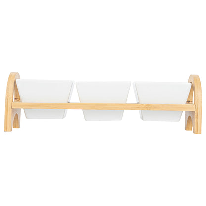 Chef 101 21 oz Rectangle White Porcelain Kova Bowl Set - 3 Bowls, Bamboo Tray - 12" x 3 3/4" x 3 1/2" - 1 count box