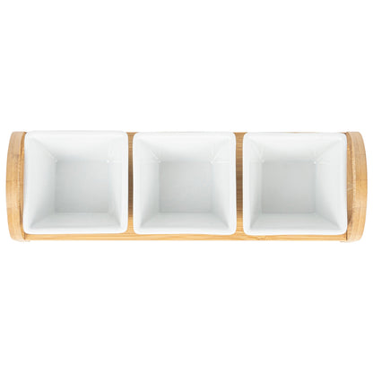 Chef 101 21 oz Rectangle White Porcelain Kova Bowl Set - 3 Bowls, Bamboo Tray - 12" x 3 3/4" x 3 1/2" - 1 count box