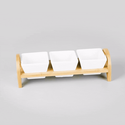 Chef 101 21 oz Rectangle White Porcelain Kova Bowl Set - 3 Bowls, Bamboo Tray - 12" x 3 3/4" x 3 1/2" - 1 count box