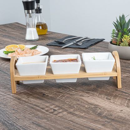 Chef 101 21 oz Rectangle White Porcelain Kova Bowl Set - 3 Bowls, Bamboo Tray - 12" x 3 3/4" x 3 1/2" - 1 count box
