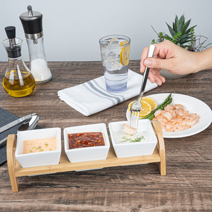 Chef 101 21 oz Rectangle White Porcelain Kova Bowl Set - 3 Bowls, Bamboo Tray - 12" x 3 3/4" x 3 1/2" - 1 count box