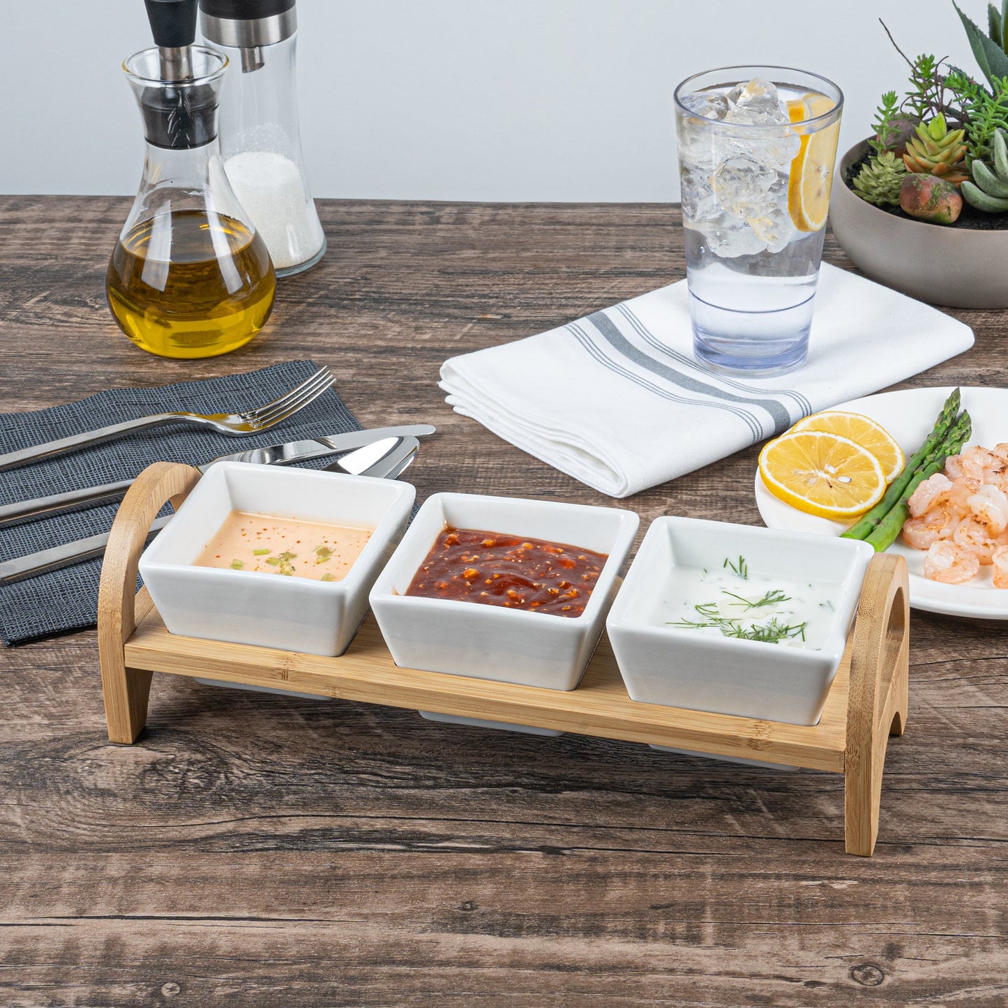 Chef 101 21 oz Rectangle White Porcelain Kova Bowl Set - 3 Bowls, Bamboo Tray - 12" x 3 3/4" x 3 1/2" - 1 count box