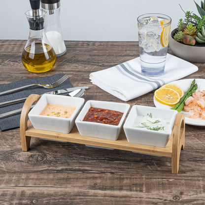 Chef 101 21 oz Rectangle White Porcelain Kova Bowl Set - 3 Bowls, Bamboo Tray - 12" x 3 3/4" x 3 1/2" - 1 count box
