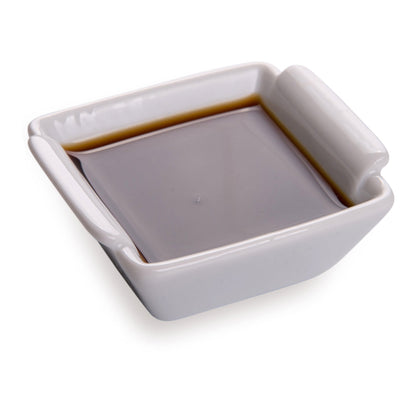 Chef 101 1 oz Square White Porcelain Mini Lipped Handle Bowl - 2 1/2" x 2 1/2" x 1" - 10 count box