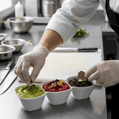 Chef 101 18 oz Square White Porcelain Triplets Convex Bowl Set - 9 1/2" x 3 1/2" x 2" - 1 count box