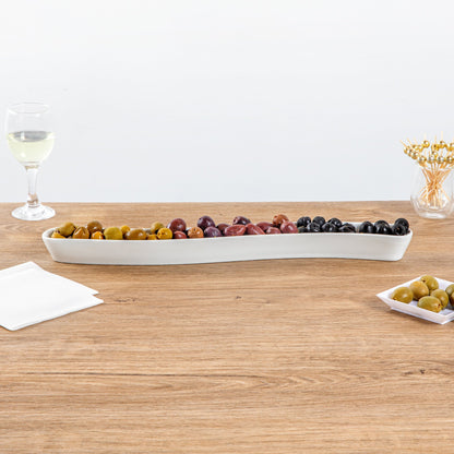 Chef 101 Swerve 14 oz Curved White Porcelain Olive Plate - 17" x 2 1/2" x 1 1/4" - 1 count box
