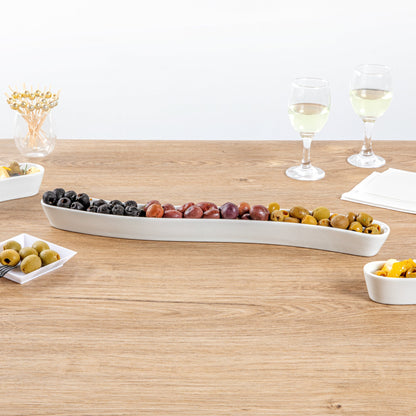 Chef 101 Swerve 14 oz Curved White Porcelain Olive Plate - 17" x 2 1/2" x 1 1/4" - 1 count box