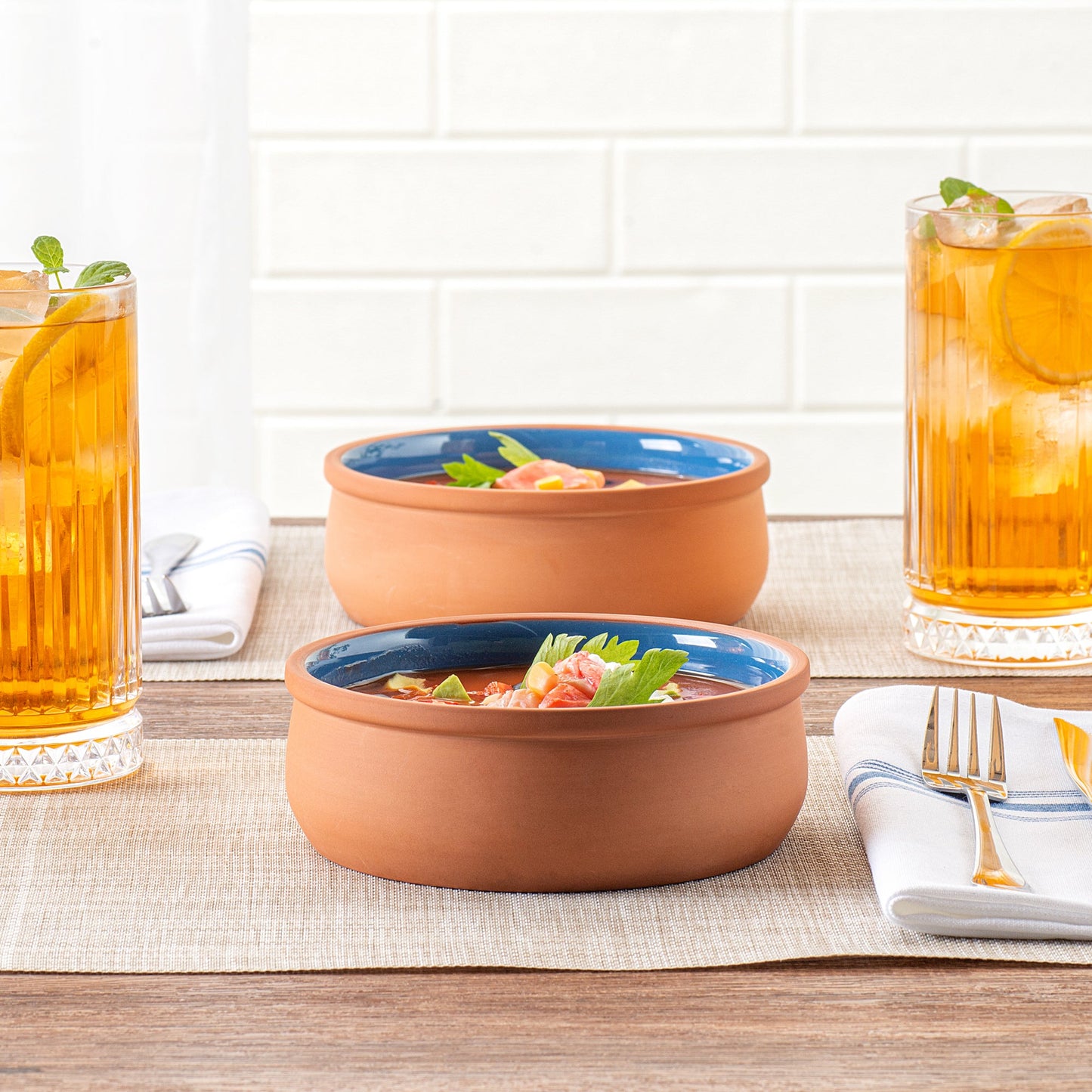 Terra Tek 17 oz Terracotta Cazuela Bowl - Blue Glazed Interior, Oven-Safe, Microwave-Safe - 5 3/4" x 5 3/4" x 2" - 2 count box